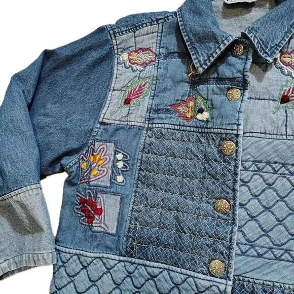 Keren Hart Womens 90s Patchwork Denim Jacket Size XL Embroidered Boho Cottage - Picture 4 of 11